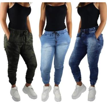 Imagem de Kit Com 3 Unid Calça Joguer Sarja Feminina Preto Azul Bege - Apollogy,