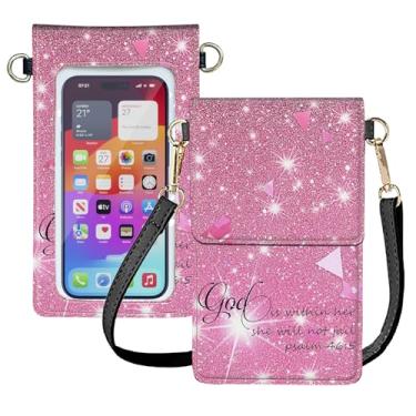 Imagem de Bolsa de telefone com tela sensível ao toque, bolsa transversal pequena para mulheres e meninas, bolsa de couro leve com porta-cartões, carteira de telefone com alça de ombro - glitter rosa