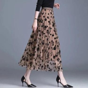Imagem de Saia Midi Feminina de Malha - Estilo Coreano com Detalhe Floral, BR-P,