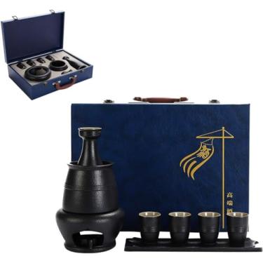 Imagem de JOEUQK Conjunto de saquê com aquecedor, conjunto de saki quente de cerâmica tradicional, 9 peças, incluindo 1 fogão de vela, 1 caneca de aquecimento, 1 pote de saquê, 4 peças de copos de saquê