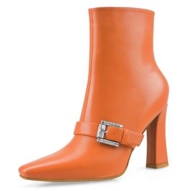 Imagem de Perisis Botas de cano curto, salto alto, grosso, preto, bico quadrado, fechado, curto, com zíper lateral, salto de 10 cm, padrão de crocodilo para mulheres e mulheres sexy, PU laranja, 36