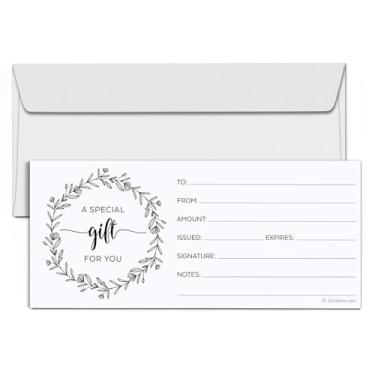 Imagem de 321Done Vales de presente em branco com envelopes, feitos nos EUA – branco 10 x 23 cm, design de grinalda, vouchers para férias, Natal, pequenas empresas, spa, salão de beleza – Conjunto de 24