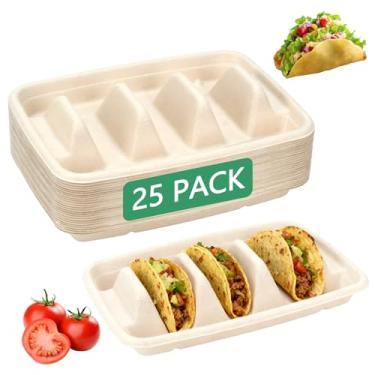 Imagem de 25 peças de suportes de taco descartáveis para festa, pratos de taco de papel premium com 3 divisórias, presentes de taco para Natal, forno, lava-louças e churrasqueira, conjunto de servir taco bar