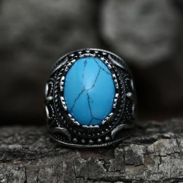 Imagem de Anel de aço inoxidável turquesa e olho de tigre com padrão vintage – Joias masculinas duráveis de inspiração retrô com design intrincado, Turquesa artificial, Sem pedra preciosa