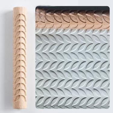 Imagem de Rolo de textura de argila, 2 peças Fyrcomft Conjunto de rolos de textura de argila de polímero de madeira para cerâmica e artesanato, rolos de textura para iniciantes criarem padrões claros e