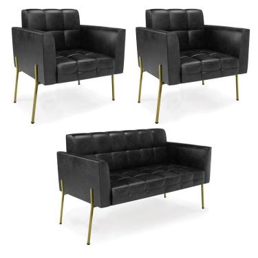 Imagem de Sofá Namoradeira E 2 Poltronas Pé De Ferro Dourado Elisa Corano D03 - D'rossi Cor Preto