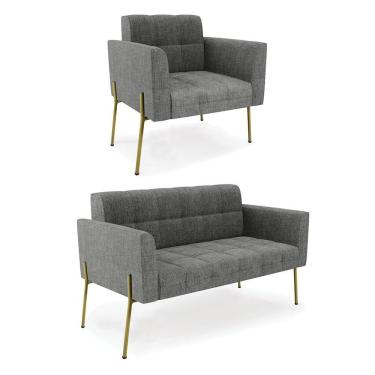 Imagem de Sofá Namoradeira E Poltrona Base Pé De Ferro Dourado Elisa Linho D03 - D'rossi Cor A26 Grafite