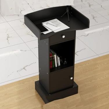 Imagem de Suporte de pódio para ambientes internos e externos, palestras e pódios, púlpito de pódio de madeira maciça para igreja com gaveta e armário de armazenamento, pódio para falar em público para escolas