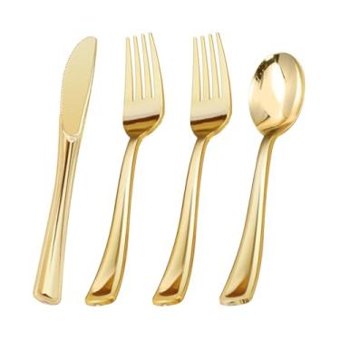 Imagem de BESTVIP 200 peças de talheres de plástico dourado, utensílios descartáveis de ouro, conjunto de talheres resistentes de 100 garfos, 50 colheres, 50 facas para festas, casamentos, catering e uso diário