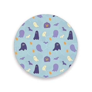 Imagem de JUZIHAI Conjunto de 2 porta-copos de Halloween Cute Boo, porta-copos redondos de pedra de cerâmica absorvente de 9 cm com base de cortiça, tapete de proteção de mesa para cozinha, bar, decoração de