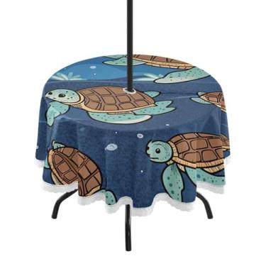 Imagem de Qilmy Toalha de mesa redonda impermeável de tartarugas marinhas fofas de 152 cm com orifício para guarda-chuva e zíper – uso externo / interno resistente para pátio, churrascos, piqueniques, festas