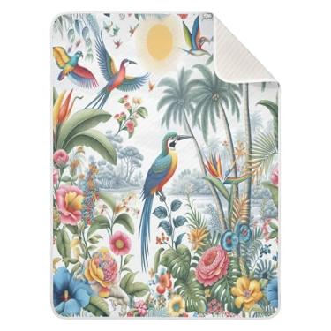 Imagem de Qilmy Cobertor de bebê tropical Birds Palm 76 x 101 cm, cobertor infantil de algodão macio para meninos e meninas, cobertor leve e quente para bebês de berço, carrinho de bebê, soneca, recém-nascido