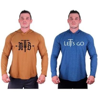 Imagem de Kit 2 Camisetas Manga Longa com Touca Longline Estampada Fitness Musculação Dia-a-Dia-Masculino