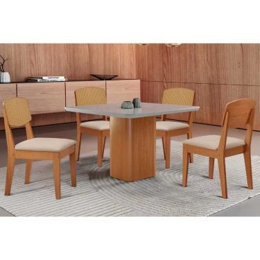 Imagem de Sala Jantar Mesa Maldivas Tampo c/ Vidro Curvo 90cm+4 Cadeiras Havana Naturale/Off White - Suede Creme - Rufato