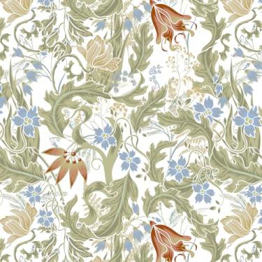Imagem de Kitico Papel de parede floral, papel de parede botânico vintage, papel de parede removível floral azul verde para quarto, sala de estar, adequado para locatários 43,9 x 508 cm
