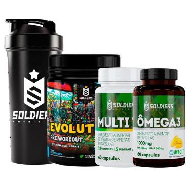 Imagem de Kit: 2x Ômega 3 + 2x Multivitaminico + 2x Pré Treino Evolution 300g + 1x Coqueteleira Simples 600ml-Unissex