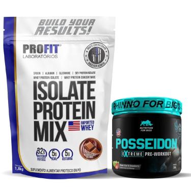 Imagem de Kit Whey Protein Mix 1,8Kg Profit Cookies + Pré Treino Posseidon Morango C/Kiwi-Unissex