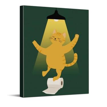 Imagem de Arte de parede engraçada para banheiro laranja, humor laranja malhado dança em papel higiênico, pôster de banheiro de animal verde peculiar, arte de parede de pintura em tela de animal fofo para