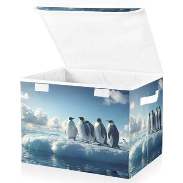Imagem de Blueangle Cestos de armazenamento Blue Penguins com tampas, 42 x 32 x 30 cm, grande cesta organizadora dobrável para decoração de casa e escritório (548)