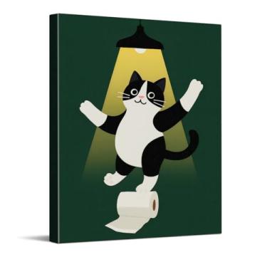 Imagem de Arte de parede engraçada de gato smoking para banheiro, humor gato smoking dança em papel higiênico, pôster de banheiro de animal verde peculiar, arte de parede de pintura em tela de animal fofo para