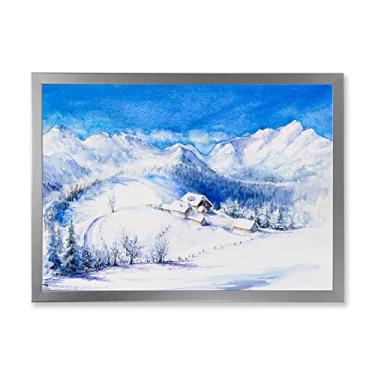 Imagem de DesignQ Paisagem de montanha de inverno com casa de madeira, arte de parede emoldurada tradicional