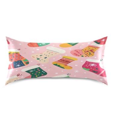 Imagem de Blueangle Fronha de cetim com meias de Natal para cabelo e pele, fronha de seda, tamanho king (50,8 x 101,6 cm) - Capas de almofada de cetim com fecho de envelope (472)