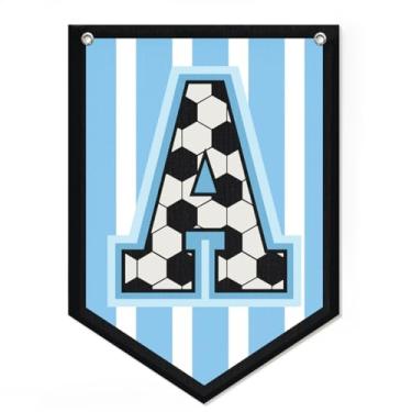 Imagem de Decoração de bandeira com letra A de futebol, decoração de quarto de meninos com nome, bandeira de galhardete personalizada, decoração de arte de parede de berçário esportivo vintage, placa de nome