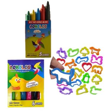Imagem de Kit Escolar Criativo Infantil Volta às Aulas 12 Mini Giz de Cera 5 Cores + 12 Massinhas 6 Cores + 36 Cortadores Diversão Educativa
