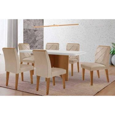 Imagem de Conjunto: Mesa de Cozinha Nevada c/ Tampo Madeirado c/ Vidro Canto Curvo 180x90cm e 6 Cadeiras Pietá Naturale/Off White - Suede Creme - Rufato