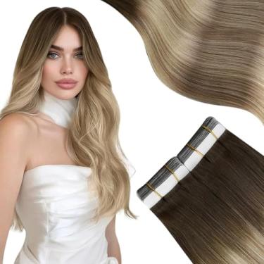 Imagem de Moresoo Extensões de cabelo humano com fita adesiva marrom ombré loiro médio com cabelo remy liso marrom castanho, extensões de cabelo moderno cabelo humano real invisível 20 peças 30 g 30 cm #3/8/22
