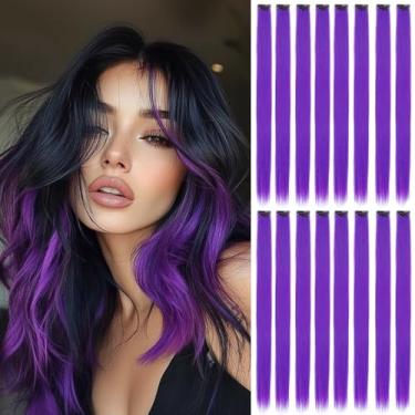 Imagem de Extensões de cabelo roxo com clipe - 16 peças de extensões de cabelo liso de 55 cm para mulheres e meninas | Acessórios de cabelo sintético para Halloween, Natal, festa de aniversário e cosplay