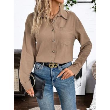 Imagem de Camisa feminina cáqui com botões grandes - blusa de manga comprida com gola, Caqui, M