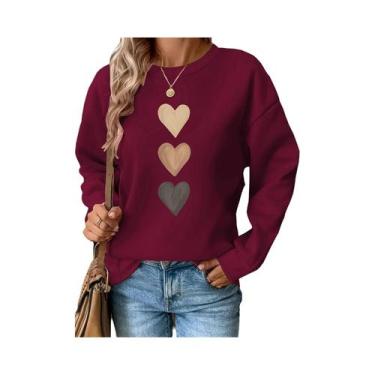 Imagem de Moletom Feminino Casual Com Estampa De Coração, Manga Longa, Gola Redo