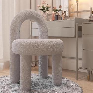 Imagem de Cadeira de vaidade com encosto Cadeiras de vaidade modernas para maquiagem feitas de metal + lã de cordeiro, cadeira de maquiagem para penteadeira fofa para camarim, cinza, 40 * 44 * 74 cm