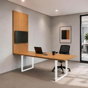 Imagem de Mesa Reunião Industrial 200cm com Caixa de Tomadas e Painel TV F5 Offi