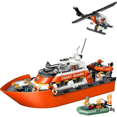 Imagem de Brinquedo de Construção Barco e Helicóptero de Resgate da Guarda Costeira com Heliponto e Botes Flutuantes Laranja Lego