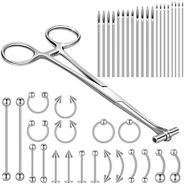 Imagem de Kit de piercing corporal, 41 peças, pinça de fórceps de septo, 20 agulhas de piercing corporal, 20 piercings de nariz, aço inoxidável 316L, ferramentas de piercing corporal, argolas