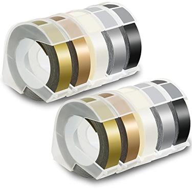 Imagem de Pristar Fita de gravação 3D 9 mm autoadesiva compatível com Dymo Embossing Label Maker Omega DYM12966 Organizer Xpress Pro, branco em preto/prata/transparente/ouro/champanhe dourado, 3/20.3 cm x 3 m