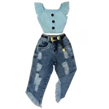 Imagem de Conjunto Infantil Blogueirinha Cropped Calça Jeans Moda Luxo - Ak Fash