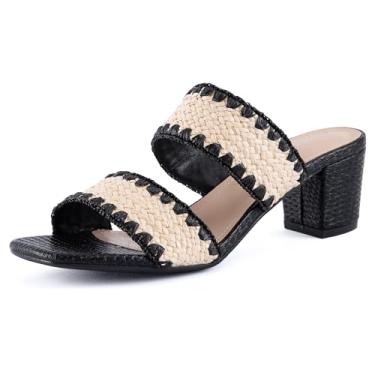 Imagem de N.N.G Sandálias femininas de salto trançado nude verão grosso quadrado couro tecido confortável tiras vestido casual mules, Palha preta, 8