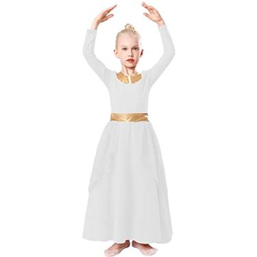 Imagem de MYRISAM Roupão de dança de louvor para meninas, adoração litúrgica, cintura metálica, vestido de manga comprida, saia de chiffon, fantasia lírica, Branco, 8-9 Anos