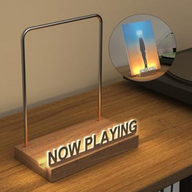 Imagem de KORRTFID Suporte de disco de vinil com iluminação agora tocando, suporte de acrílico de nogueira sólida para armazenamento de álbum de vinil, suporte de discos, coleção de discos de vinil de LED com