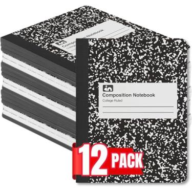 Imagem de 1InTheOffice Caderno de composição pautado universitário 24 x 19 cm, caderno de composição de papel, capa de mármore preto, 100 folhas, (pacote com 12)