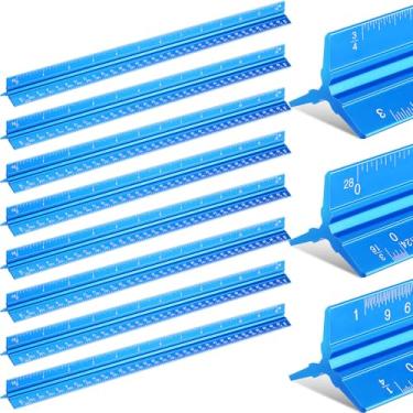 Imagem de Macarrie 10 réguas triangulares de escala arquitetônica 30,5 cm conjunto de régua de escala de metal de alumínio com medidas imperiais para arquiteto, estudante, desenhista, engenheiro (azul)
