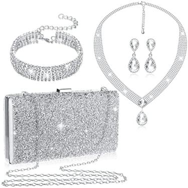 Imagem de Mixweer Conjunto de 4 peças de bolsas de mão de prata para mulheres, conjunto de joias com strass para noite, colar e pulseiras, para casamento