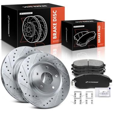 Imagem de A-Premium Rotores de freio a disco dianteiro perfurado e ranhurado de 11,65 polegadas (296 mm) + kit de pastilhas de cerâmica compatível com modelos selecionados Nissan - Sentra 2017, Juke 2011-2017,