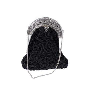Imagem de Bolsa em Tecido Bordada com Miçanga Preta e Acabamento Prata A18xC14 c