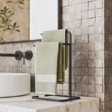 Imagem de Porta Toalha Toalheiro Lena Para Bancada da Pia 2 em 1 Madeira Aço Preto Fosco - Ahazzo Móveis