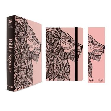 Imagem de Kit Leão Rosa - Moleskine + Bíblia Capa Dura nvt + Marca Página