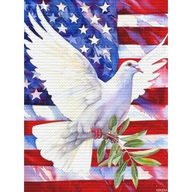 Imagem de KZKZXA Kits de pintura de diamante 5D bandeira americana pomba branca para adultos kits de arte de diamantes redondos de perfuração completa para presente, decoração de parede 30 x 40 cm